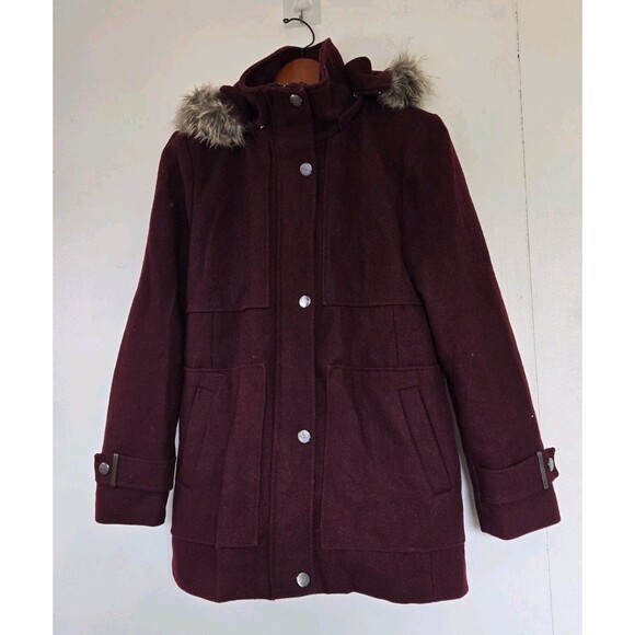 Kenneth Cole Coat Womens L Wool Faux Fur Burgundy Winter Winter Warm Cozy Fall